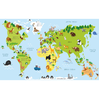 Poster wereldkaart met dieren / natuurlijke leefgebieden voor op kinderkamer / school 84 x 52 cm