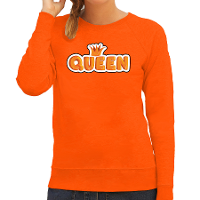 Queen in cartoon letters sweater oranje voor dames   Koningsdag truien