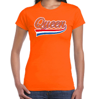 Queen met sierlijke wimpel t shirt oranje voor dames   Koningsdag shirts