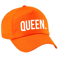 Queen tekst petje   baseball cap   oranje   witte bedrukking   voor dames   Koningsdag