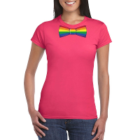 Roze t shirt met regenboog vlag strikje dames