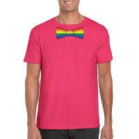 Roze t shirt met regenboog vlag strikje heren