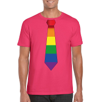 Roze t shirt met regenboog vlag stropdas heren