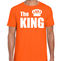 The king t shirt oranje met witte letters en kroon voor heren