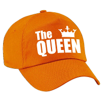 The Queen petje   baseballcap   oranje   met witte letters en kroontje   voor dames   Koningsdag