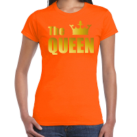 The queen t shirt oranje met gouden letters en kroon voor dames