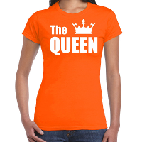 The queen t shirt oranje met witte letters en kroon voor dames