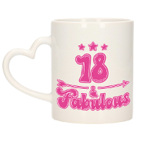 Verjaardag cadeau mok 18 jaar   geweldig   roze   hartjes handvat   300 ml   Keramiek