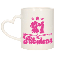 Verjaardag cadeau mok 21 jaar   geweldig   roze   hartjes handvat   300 ml   Keramiek
