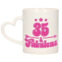Verjaardag cadeau mok 35 jaar   geweldig   roze   hartjes handvat   300 ml   Keramiek