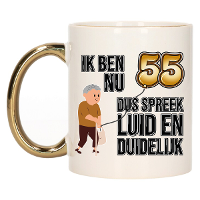 Verjaardag cadeau mok 55 jaar   luid en duidelijk   goud   300 ml   Keramiek