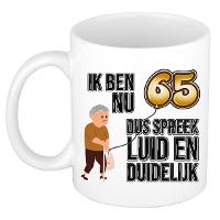 Verjaardag cadeau mok 65 jaar   luid en duidelijk   bruin   300 ml   Keramiek