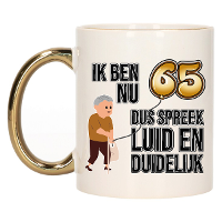 Verjaardag cadeau mok 65 jaar   luid en duidelijk   goud   300 ml   Keramiek