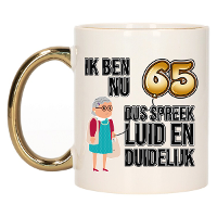 Verjaardag cadeau mok 65 jaar   luid en duidelijk oma   goud   300 ml   Keramiek