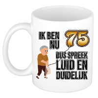 Verjaardag cadeau mok 75 jaar   luid en duidelijk   bruin   300 ml   Keramiek