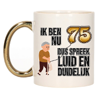Verjaardag cadeau mok 75 jaar   luid en duidelijk   goud   300 ml   Keramiek