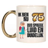 Verjaardag cadeau mok 75 jaar   luid en duidelijk oma   goud   300 ml   Keramiek