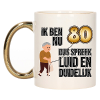 Verjaardag cadeau mok 80 jaar   luid en duidelijk   goud   300 ml   Keramiek