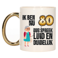 Verjaardag cadeau mok 80 jaar   luid en duidelijk oma   goud   300 ml   Keramiek