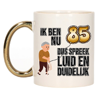 Verjaardag cadeau mok 85 jaar   luid en duidelijk   goud   300 ml   Keramiek