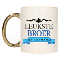 Verjaardag cadeau mok   blauw   leukste broer ooit   gouden handvat   300 ml   keramiek