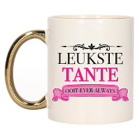 Verjaardag cadeau mok   roze   leukste tante ooit   gouden handvat   300 ml   keramiek