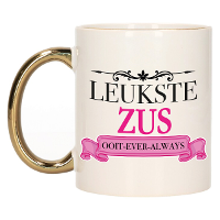 Verjaardag cadeau mok   roze   leukste zus ooit   gouden handvat   300 ml   keramiek