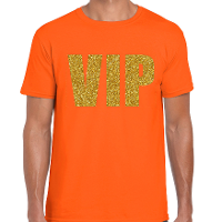 Verkleed glitter T shirt voor heren   oranje   VIP   glitter goud   Koningsdag