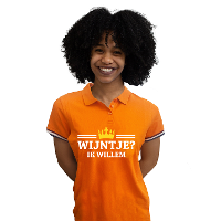 Verkleed poloshirt voor dames   oranje   Wijntje ik Willem   kroon   Koningsdag