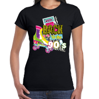 Verkleed T shirt voor dames   back to the 90s   zwart   jaren 90   foute party   carnaval