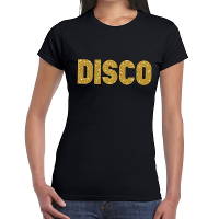 Verkleed T shirt voor dames   disco   zwart   gouden glitter   jaren 70/80   carnaval/themafeest
