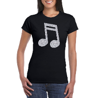 Verkleed t shirt voor dames   zwart   glitter opdruk   zilver   muzieknoot   themafeest