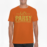 Verkleed T shirt voor heren   lets party   oranje   glitter goud   Koningsdag/themafeest
