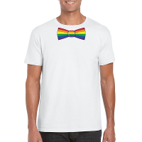 Wit t shirt met regenboog vlag strikje heren