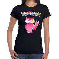 Yoehoe gay pride knipogende roze uil t shirt zwart voor dames