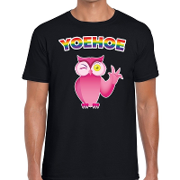 Yoehoe gay pride knipogende roze uil t shirt zwart voor heren