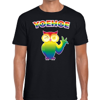 Yoehoe knipogende regenboog uil   gay pride   t shirt   zwart   voor heren