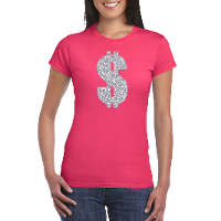 Zilveren dollar / Gangster verkleed t shirt / kleding roze dames