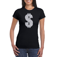 Zilveren dollar / Gangster verkleed t shirt / kleding zwart dames
