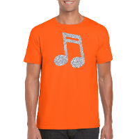 Zilveren muziek noot / muziek feest t shirt / kleding oranje heren