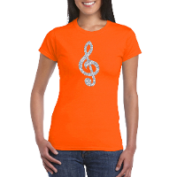 Zilveren muzieknoot G sleutel / muziek feest t shirt / kleding oranje dames