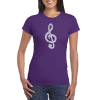 Zilveren muzieknoot G sleutel / muziek feest t shirt / kleding paars dames