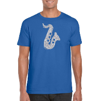 Zilveren saxofoon / muziek t shirt / kleding blauw heren