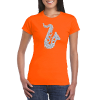 Zilveren saxofoon / muziek t shirt / kleding oranje dames