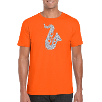 Zilveren saxofoon / muziek t shirt / kleding oranje heren