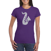Zilveren saxofoon / muziek t shirt / kleding paars dames