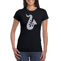 Zilveren saxofoon / muziek t shirt / kleding zwart dames