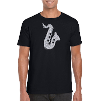 Zilveren saxofoon / muziek t shirt / kleding zwart heren