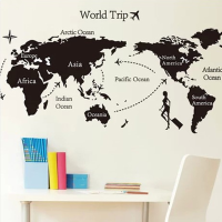 Black Universal Travel World Map Wall Sticker Eco Friendly Decoration