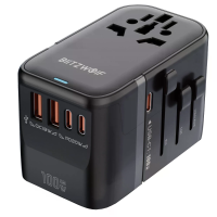 BlitzWolf BW TA2 5 in 1 universeel reisadapter met GaN 100W snelladen 2 USB C 2 USB A alles in één wandlader voor USA EU